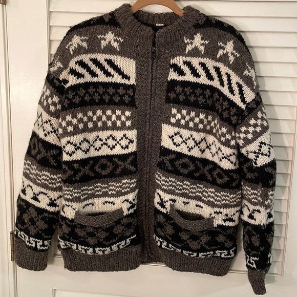 NEPAL Handmade 100% Wool Browns, Cream & Black Design Zipper Front Lined Sweater - Picture 1 of 6